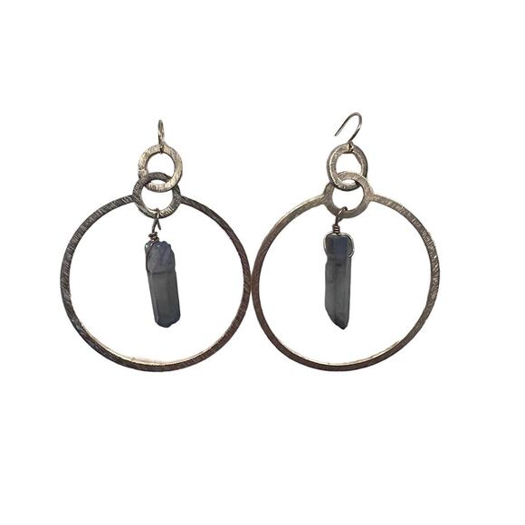 Gold-Tone Round Quartz Stone Hoop Earrings - Picture 7 of 10